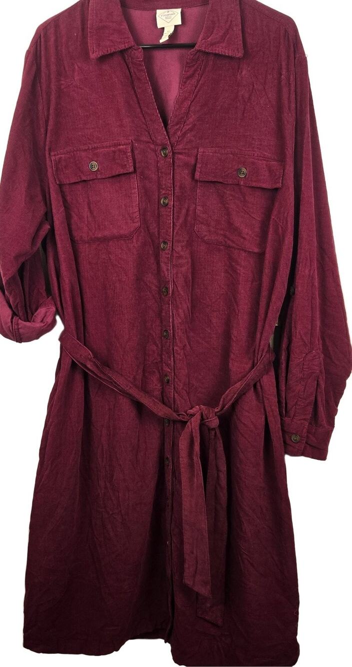 St. John's Bay Corduroy Shirt Dress Women's Plus 2X Deep Ruby Midi Belted NEW